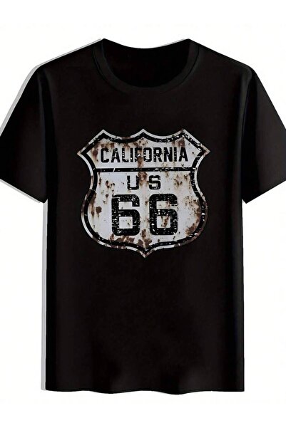 26LIK CALIFORNIA USA 66 Casual Crew Neck T-Shirt, Black Versatile Print Patte...