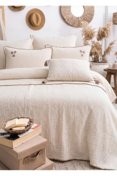 luxtex %100 Pamuk Çift Kişilik Müslin Pike Seti, Nakış Detaylı, Çoban Dikişli...