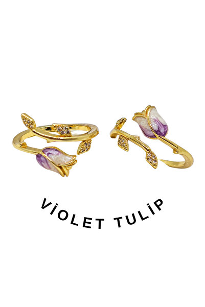 Duiwerlis Women's Design Enamel Purple Tulip Flower Stone Ring Hand-Painted A...