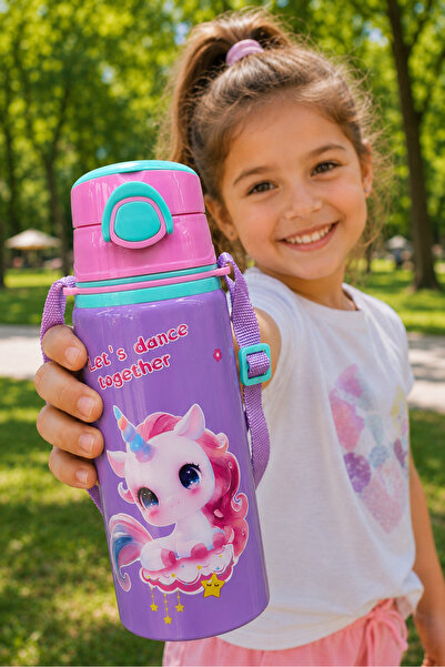 M&B WATER BOTTLE Metal Unicorn Motifli Pipetli Çocuk Matarası - 600 ML Kilitl...