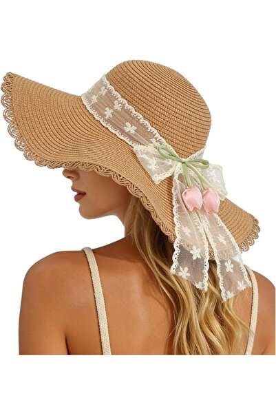 STARSTAR Lace bow tulip straw hat, wide-brimmed sun protection beach hat, adj...