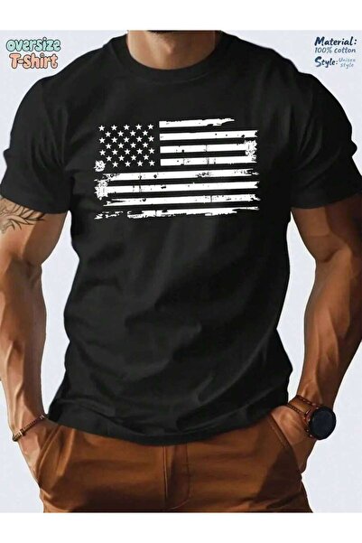 LİNA06 Plus Size Distressed American Flag Graphic Black Oversize T-Shirt - 10...