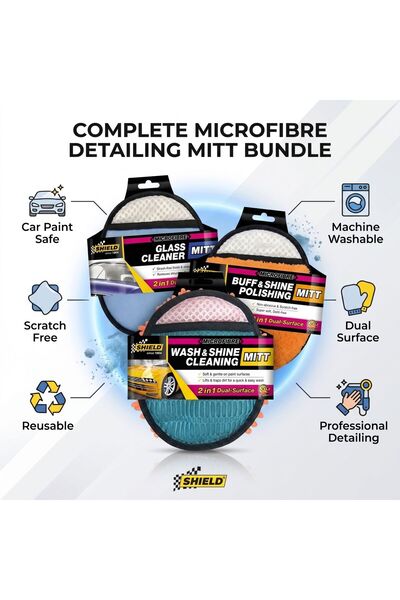 SHIELD Microfiber Mitt Trio Bundle - Buff & Shine, Glass & Wash Mitts