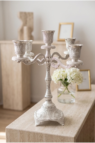 RASHA COLLECTION 5 Kollu İşlemeli Gümüş Renkli Şamdan