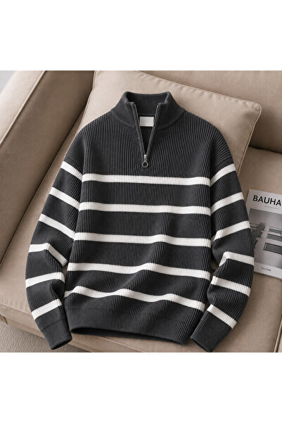 threeoff Men's Premium Ribbed Striped Knitwear Sweater with Half Zipper Moder...