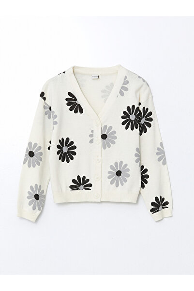 LC Waikiki كارديجان محبوك للفتيات بياقة دائرية ونقشة زهور