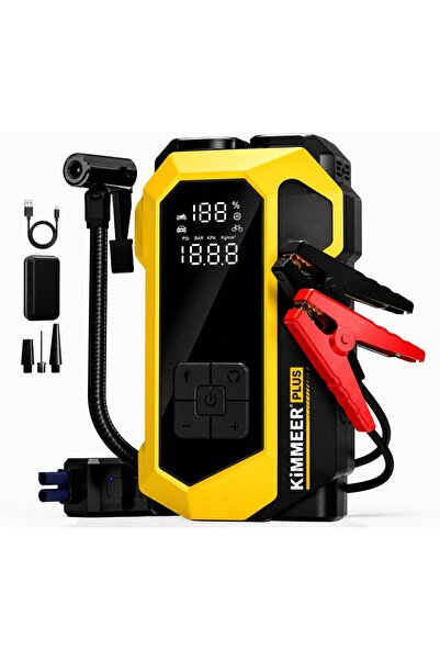 KİMMEER PLUS Akü Takviyeli Hava Pompası & Jump Starter 16000mAh Powerbank – Ç...