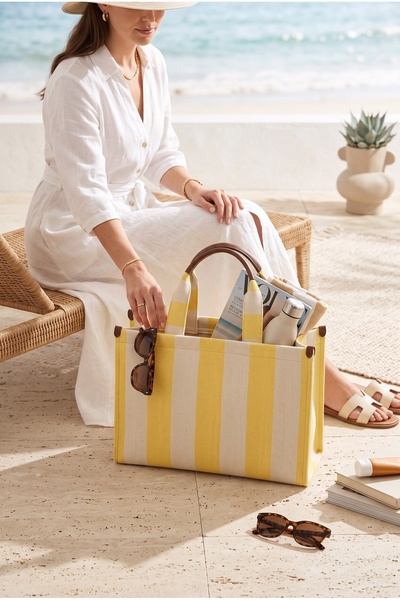 Moda fiesta Yellow Striped Large Capacity Beach Bag – Fabric Shoulder Bag, Ca...