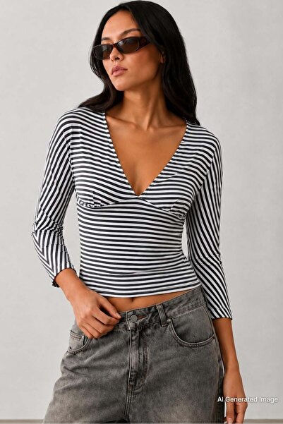 Madmext Navy Blue Striped V-Neck Slim Fit Women's Blouse Mg2887