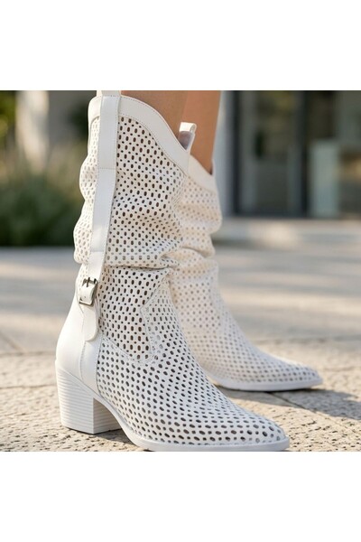 rimex sport wear Meria White Skin Laser Cut Cowboy Heeled Boots