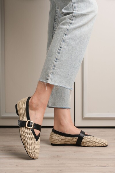 DMR Elegance Ponti Black Leather Straw Detailed Ballerina Shoes