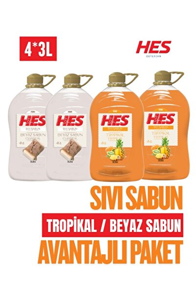 Hes Sıvı Sabun 4 x 3 L Avantaj Paketi | Beyaz Sabun & Tropikal | Cilt Dostu S...