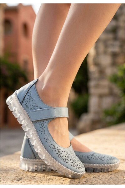 ALFA AKSESUAR 03 Misina Blue Genuine Leather Velcro Ballerina Shoes