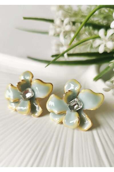 Halley Concept Cream Blue Enamel Detailed Flower Model Steel Earrings 3X3 cm