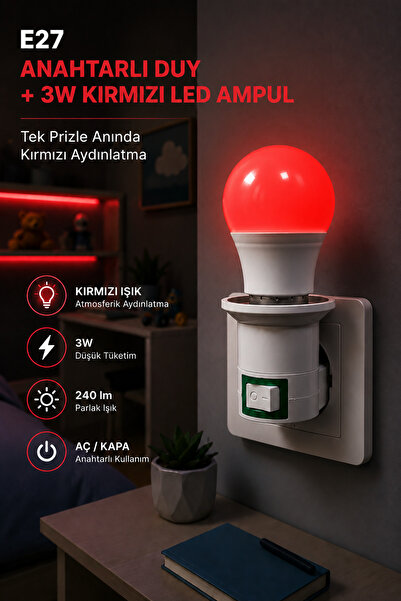 Edison E27 Kırmızı LED Ampul Gece Lambası Anahtarlı Duy Seti 3W 240 lm Priz T...