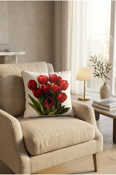 Rayda Home Decorative Red Tulip Printed Cushion Cover with Piping Detail and Digital Print Floral Pattern
