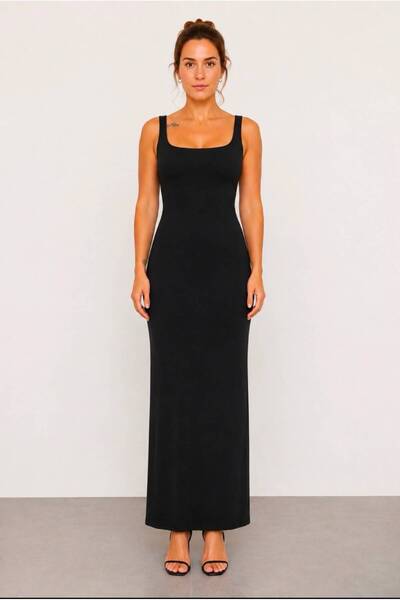 musimino moda Kadın Kare Yaka Likralı Maxi Elbise Vücudu Saran Fit Kalıp Uzun...