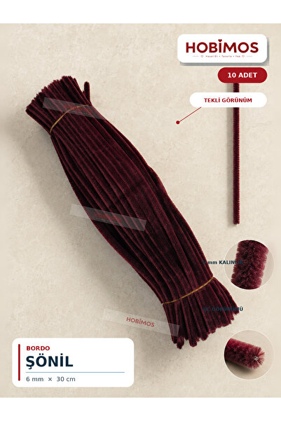Hobimos 10 Adet Bordo Şönil Tel - 6 mm x 30 cm - Tüylü Çubuk Çiçek ve Hobi Ma...