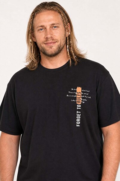 Starbattal Men's Large Size Crew Neck T-Shirt Forget to Rules 25156 Black