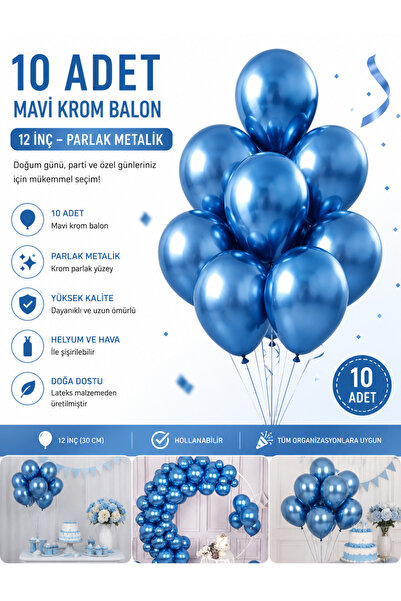 Ufak Tefek Şeyler 10 Pcs Blue Chrome Balloon Set 12 Inch - Shiny Metallic Bir...
