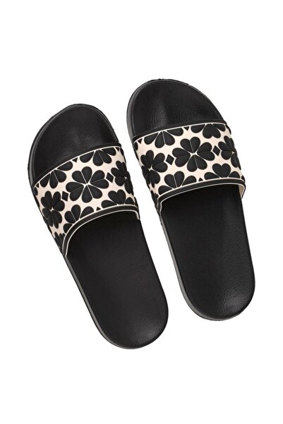 BAMI NETWORK Slapi de plaja negri cu model floral ecru pentru femei, 37-38 EU