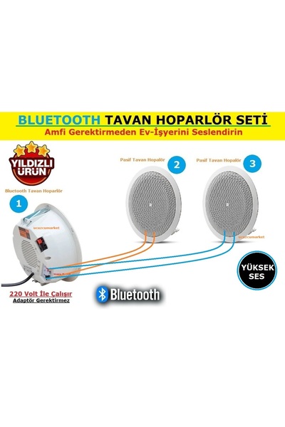 Kalite BLUETOOTH TAVAN HOPALÖR SETİ (1 Adet Bluetooth Hoparlör + 2 adet Pasif...