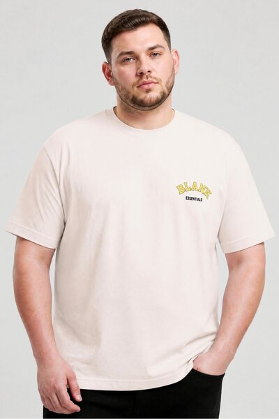BLANK ESSENTIALS Men Crew Neck Short Sleeve Brand Logo T-Shirt, Beige