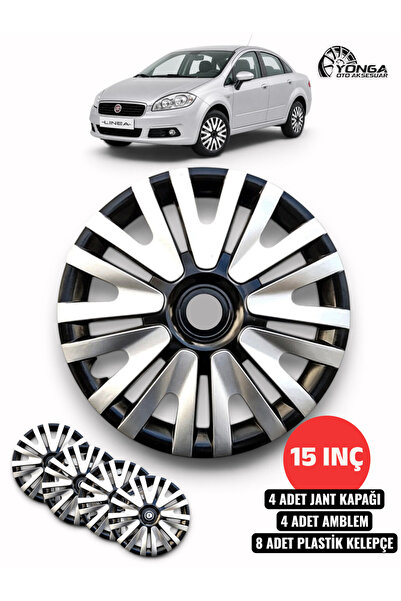 YONGA OTO AKSESUAR FİAT LİNEA 15 İnç Jant Kapağı 4'lü Set Siyah Gümüş + 4 Amb...