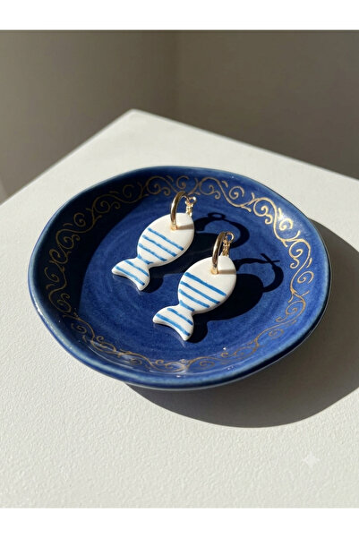 Lu Atelier Ryba Fish Earrings – Handmade Polymer Clay Blue Striped Gold Hoop ...