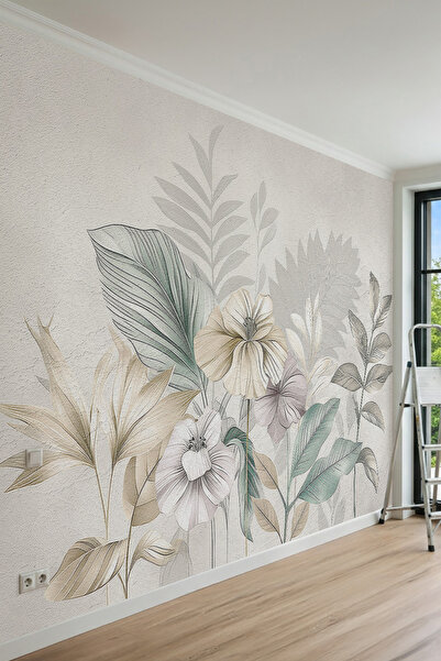 dreamwall Pastel Çiçek ve Yaprak Çizimleri Motifli Tek Parça Tekstil Duvar Ka...