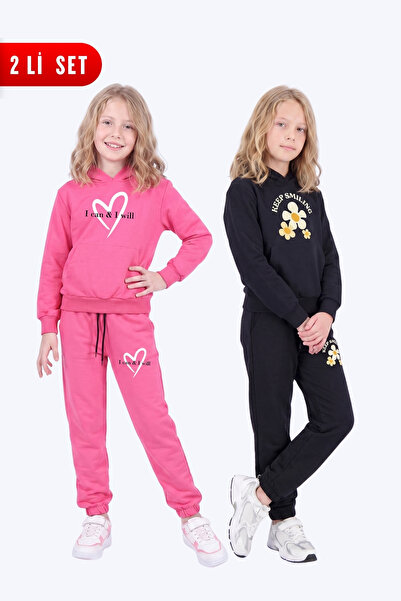 FYK KİDS Girl's 2-Piece Printed Kangaroo Pocket Hooded Tracksuit Set