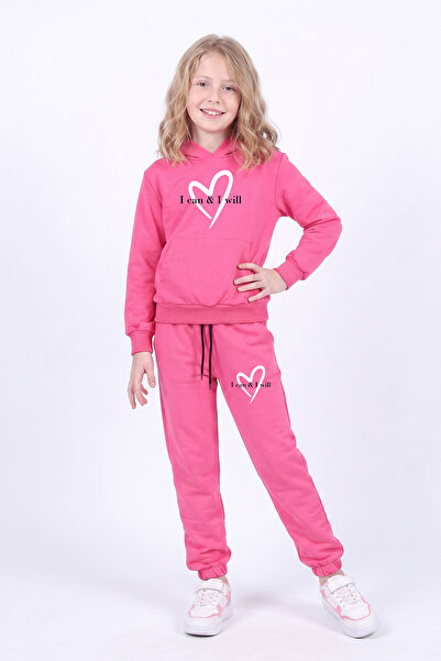FYK KİDS Girl's Printed Kangaroo Pocket Hooded Tracksuit Set