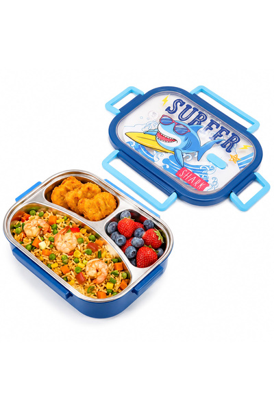 HI-FINE Cool Surfer Shark Kids 304 Stainless Steel Lunch Box 550ml, 3‑Compart...