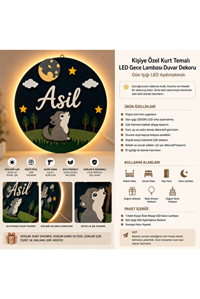 Aselhediyetasarımatölyesi Kişiye Özel Kurt Temalı Ahşap LED Gece Lambası Duva...