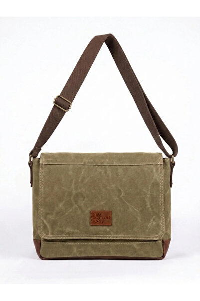 OLD COTTON BAGS Kanvas Omuz Çantası Camel Unisex Hakiki Deri Detaylı Laptop v...