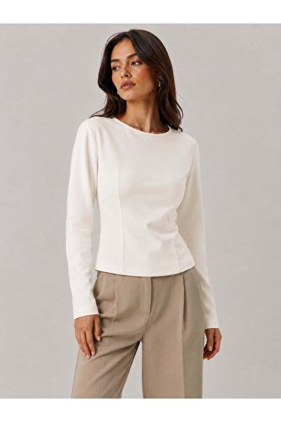 Sortie Women's Ribbed Front Detailed Long Sleeve Crew Neck Modal Blouse Ecru