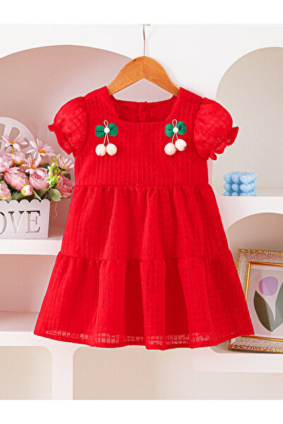 Take Two By Styli Girls Red Embroidered Cherry Textured Dress