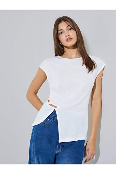 Styli White Irregular Hem Buckle Detail Wrap Top