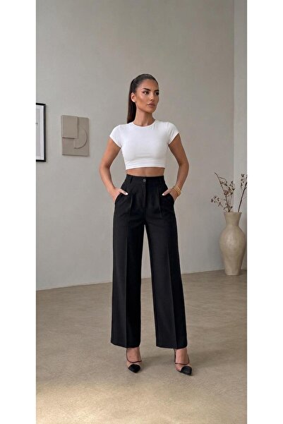 mecea prime Women's Black Lycra Button Detailed Pleated Palazzo Trousers High...