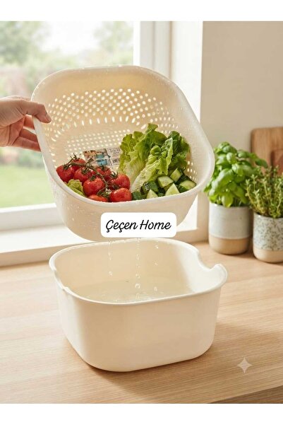 ÇEÇEN HOME (24X24 cm)Double Layer Colander Bowl Set Pink - Fruit and Vegetabl...