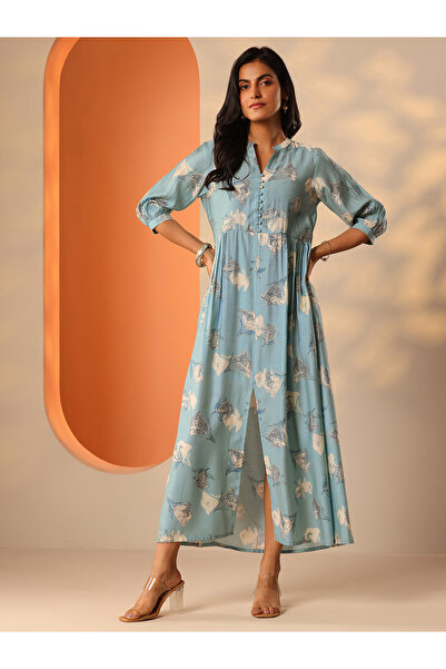 Libas By Styli Blue Silk Blend Fit and Flare Dress