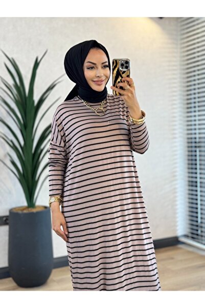 Afili 1217 Striped Slit Long Dress Beige