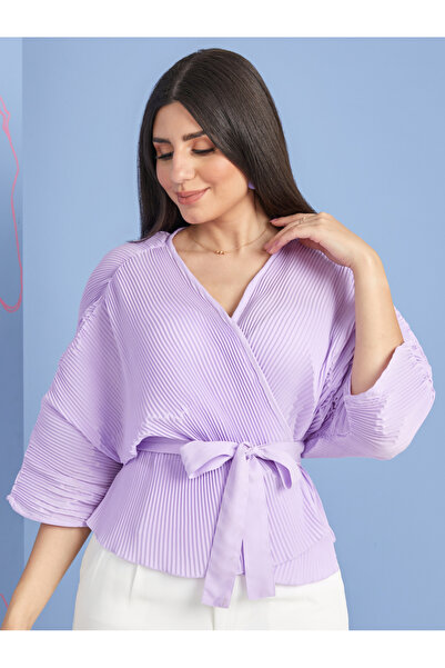 Styli 3/4 Sleeves Plisse Wrap Top with Tie Belt