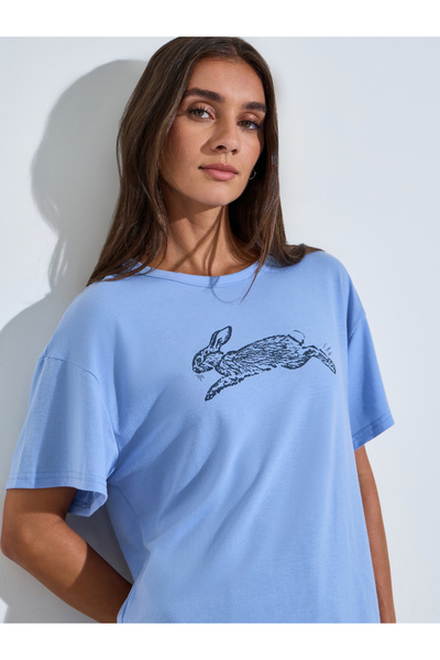 Styli Blue Rabbit Graphic Print Short Sleeves Oversized T-Shirt