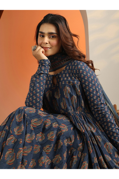 Libas By Styli Blue Printed Cotton Anarkali Kurta, Trousers and Dupatta Set