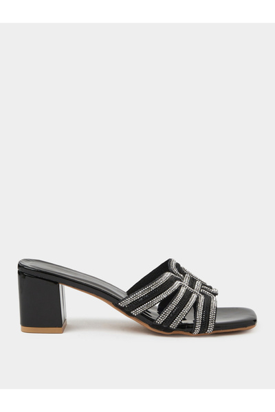 Take Two By Styli Black Rhinestone Block Heels Sandals