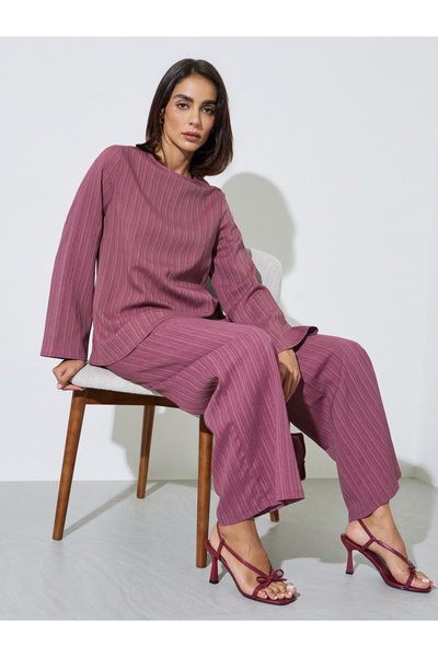 Amirah By Styli Burgundy Textured Long Top and Wide-Leg Trousers Modest Set