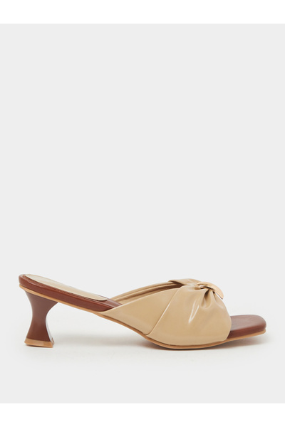 Styli Brown and Beige Ruched Mid Heel Mule