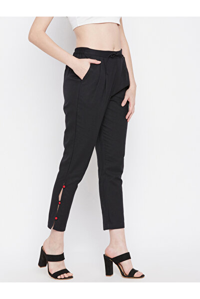 WineRed By Styli Women Black Cotton Side Button Detail Ankle Length Pants