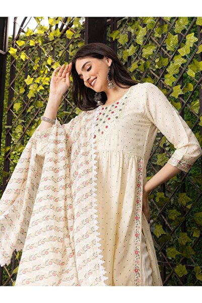 Ishin By Styli 3-Piece Cotton Embroidered Straight Fit Kurta, Pants and Dupat...